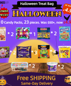 Halloween Snack Pack! 10 Candy Packs, 23 pieces. Was £60+, now £4.99. Great deal. Free shipping. Indulge in spooky treats! 🎃