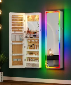 HNEBC LED Mirror Jewelry Cabinet with RGB Lights, 47.2" Wall-Mounted Wooden Armoire Organizer, Full-Length Mirror, 2 Drawers, Lockable Storage for Bedroom & Bathroom, Contemporary Design, White Hardwood Finish